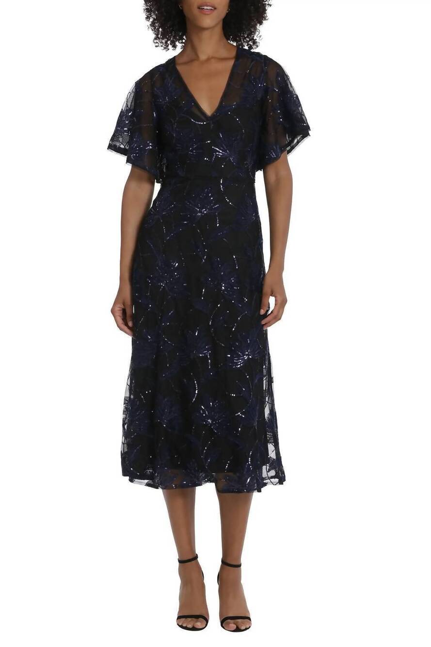 NEW MAGGY LONDON sequin flutter sleeve midi dress in black / blue
